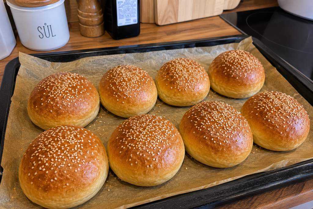 Domácí kváskové bulky na burgery se sezamem na plechu v kuchyni.
