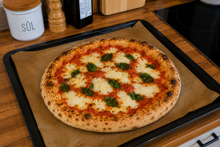 Domácí kvásková pizza s rajčaty, mozzarellou a bazalkou.
