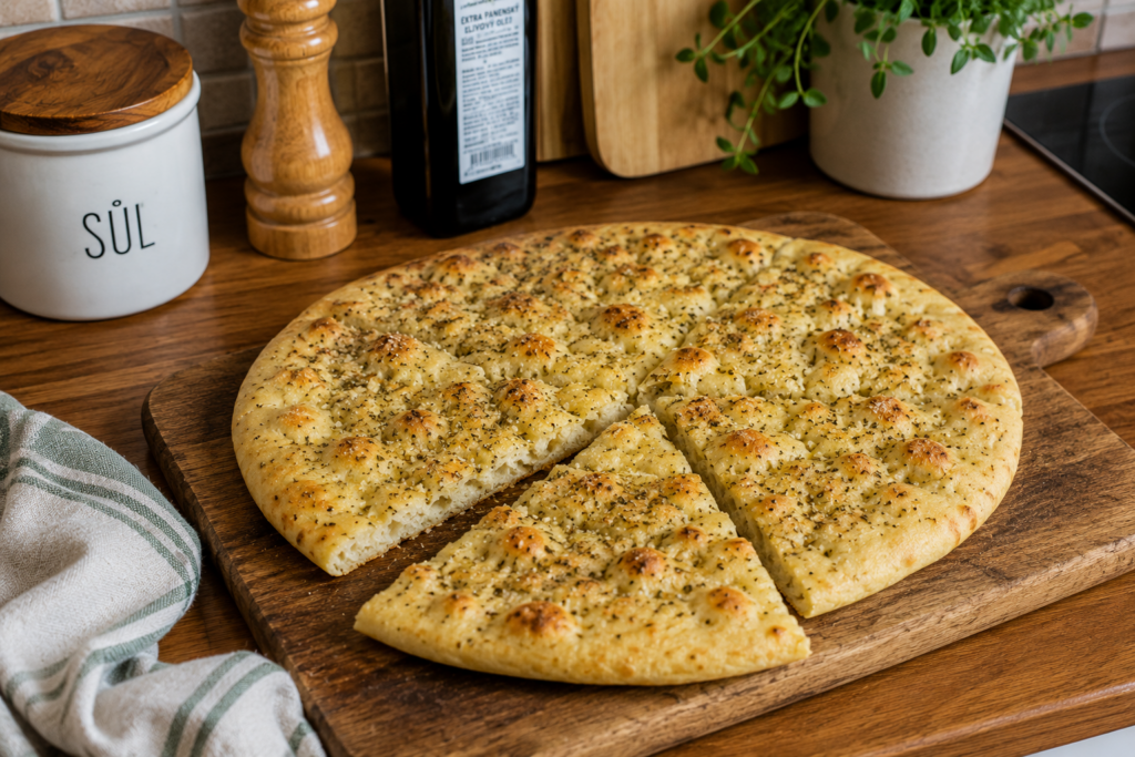 Kváskový pizza chléb s česnekem, oreganem a olivovým olejem nakrájený na trojúhelníky