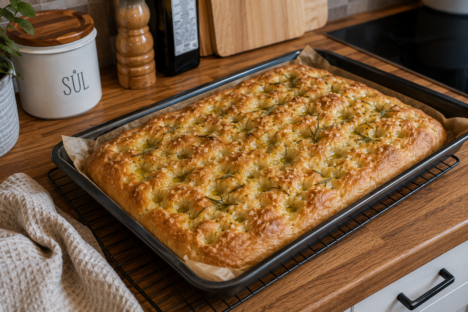 Domácí kvásková focaccia s olivovým olejem, rozmarýnem a křupavým zlatavým povrchem.